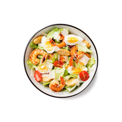 Fresh Shrimp Caesar Salad with parmesan cheese and Croutons. isolated on white background, top view