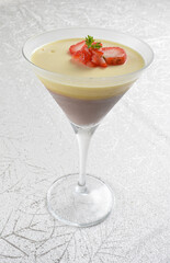 chinese chilled yuan yang layer pudding jelly with almond milk, purple yam & strawberry in cocktail glass asian healthy Halal dessert menu