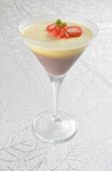 chinese chilled yuan yang layer pudding jelly with almond milk, purple yam & strawberry in cocktail glass asian healthy Halal dessert menu