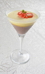 chinese chilled yuan yang layer pudding jelly with almond milk, purple yam & strawberry in cocktail glass asian healthy Halal dessert menu
