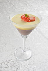 chinese chilled yuan yang layer pudding jelly with almond milk, purple yam & strawberry in cocktail glass asian healthy Halal dessert menu