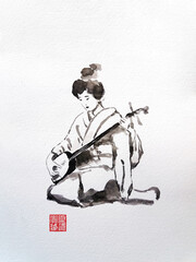 A young girl plays the shamisen. Text in print - "Treasure of the Soul". Illustration in traditional oriental style.