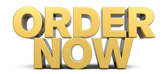 Order now word made from realistic gold isolated on white background. 3d illustration.	