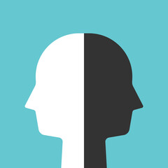 Head of white and black halves. Psychology, bipolar disorder, emotion, duality, ambivalence and personality concept. Flat design. EPS 8 vector illustration, no transparency, no gradients