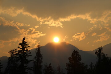 Setting Sun On Mountain, Jasper National Park, Alberta