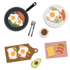 Breakfast set. Collection of healthy meal.  Morning healthy food top view. Set classic breakfast dish with beverage.  Eggs, bread, sausages, toast with cheese, tomatoes, avacado.