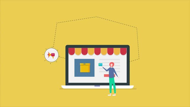 Woman buying from ecommerce webstore with credit card, online shopping, customer journey experience concept. 2d animation 4k video clip background.