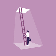 Concept of new opportunities or new life, Businessman climbing ladder to the door of freedom, Concept of new opportunities