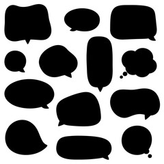 Icon set of black hand drawn speech bubbles. Doodle vector illustration.