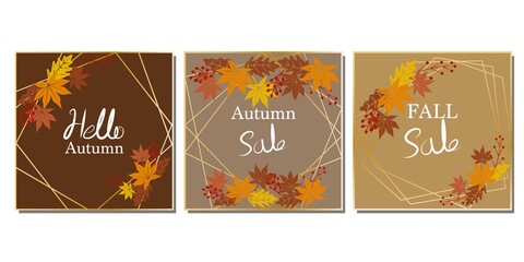 Fototapeta na wymiar Set of autumn vector template decoration with colorful maple leaves and berries. Autumn sale, fall banner, autumn concept web template. Vector illustration.