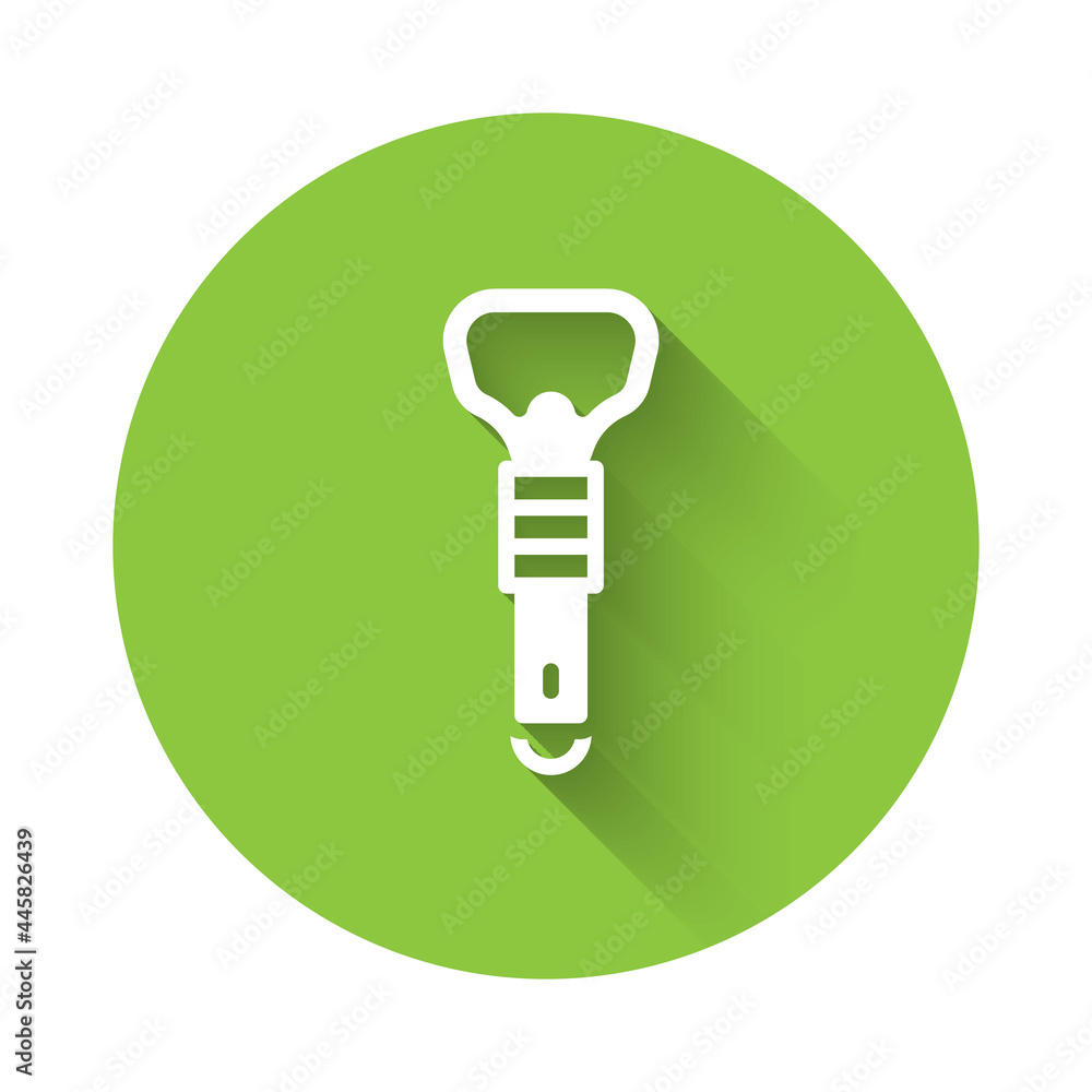 Poster white bottle opener icon isolated with long shadow background. green circle button. vector