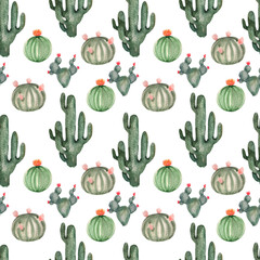 Watercolor seamless pattern of desert cacti on a white background. Seamless design from cacti for fabric, background, paper, etc.