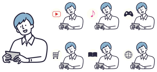 Naklejka premium サブスク スマホを見る男性 シンプルイラストセット