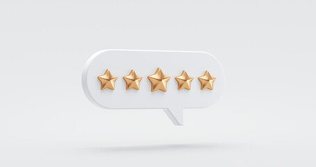 Five gold star rate review customer experience quality service excellent feedback concept on best rating satisfaction background with flat design ranking icon symbol. 3D rendering. - obrazy, fototapety, plakaty