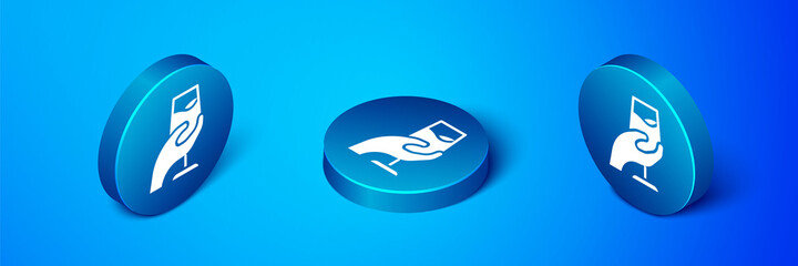 Isometric Wine tasting, degustation icon isolated on blue background. Sommelier. Smells of wine. Blue circle button. Vector