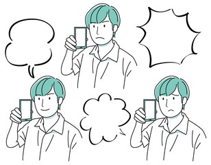 男の子07（手描き・上半身・いろんな表情でスマホで話す男性・吹き出し付き）