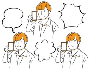 男の子07（手描き・上半身・いろんな表情でスマホで話す男性・吹き出し付き）