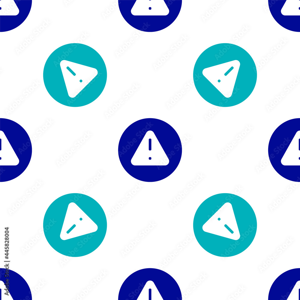 Poster blue exclamation mark in triangle icon isolated seamless pattern on white background. hazard warning
