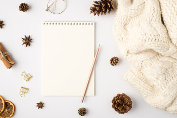 Top view photo of white scarf copybook pencil pine cones dried lemon slices cinnamon sticks golden binder clips and stylish glasses on isolated white background with blank space