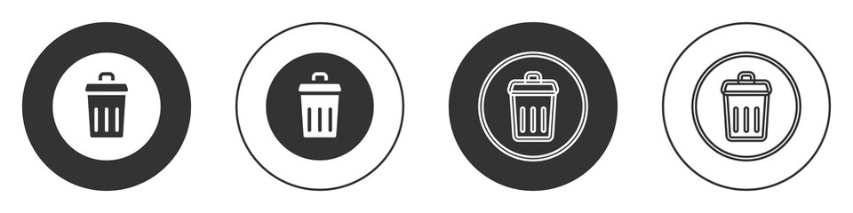 Black Trash can icon isolated on white background. Garbage bin sign. Recycle basket icon. Office trash icon. Circle button. Vector