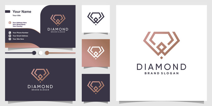 Diamond logo and business card design with creative line concept Premium Vector