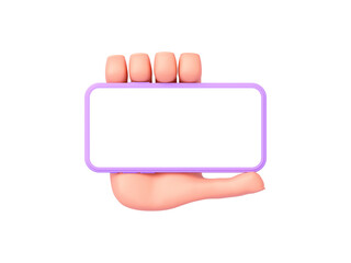 3d render, cartoon hand holding a phone in landscape orientation. Isolated on white background