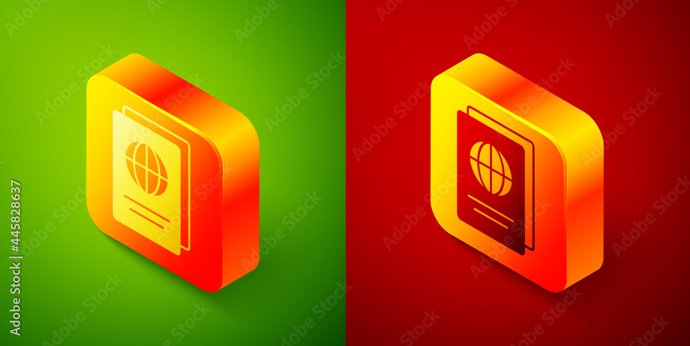 Poster isometric passport with biometric data icon isolated on green and red background. identification doc