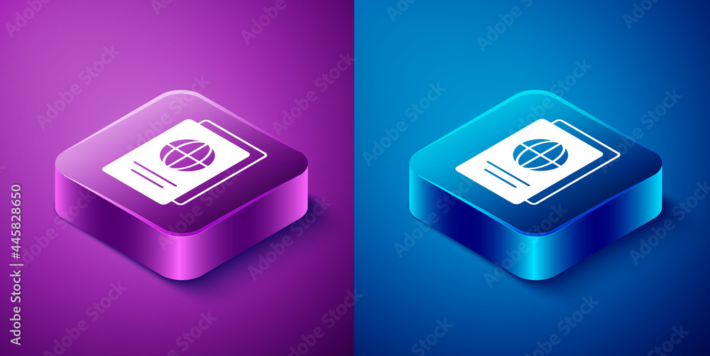 Poster isometric passport with biometric data icon isolated on blue and purple background. identification d