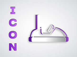 Paper cut Bumper car icon isolated on grey background. Amusement park. Childrens entertainment playground, recreation park. Paper art style. Vector