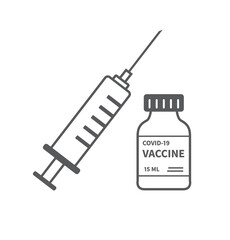 Covid-19 vaccine line icon. Syringe injection and vaccine bottle for covid19 immunization treatment. Vector illustration.