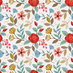 Beautiful red rose and small flowers seamless pattern.