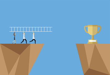Fototapeta na wymiar Business teams use ladders to make way for trophies