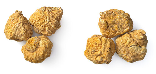 Dried Maca roots isolated on white background, top view