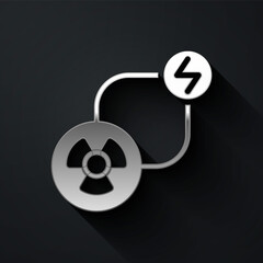 Silver Radioactive exchange energy icon isolated on black background. Radioactive toxic symbol. Radiation hazard sign. Long shadow style. Vector