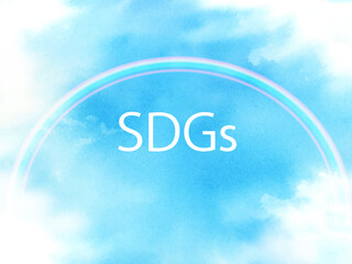SDGsの文字入り虹がかかった空　水彩画