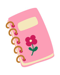 Girly notepad for writing. Cute notebook on a spring with a flower. For studying and keeping a diary. Vector illustration in flat cartoon style isolated on white background.