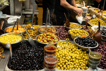 Colorful bowls of olives on sale in the traditional Jerusalem Shuk (Market) in the Old City