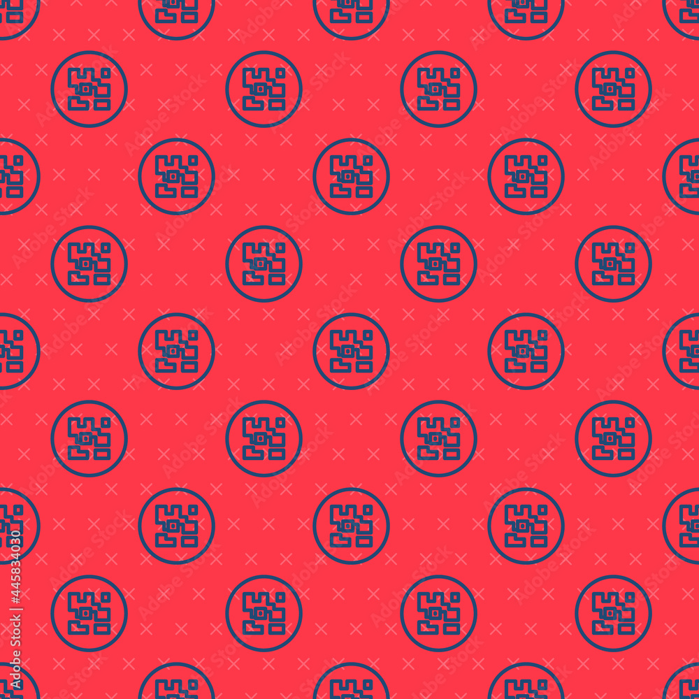 Poster blue line qr code sample for smartphone scanning icon isolated seamless pattern on red background. v