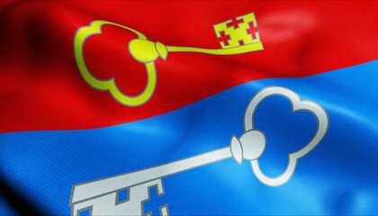 3D Waving Belarus City Flag of Pietrykaw Closeup View