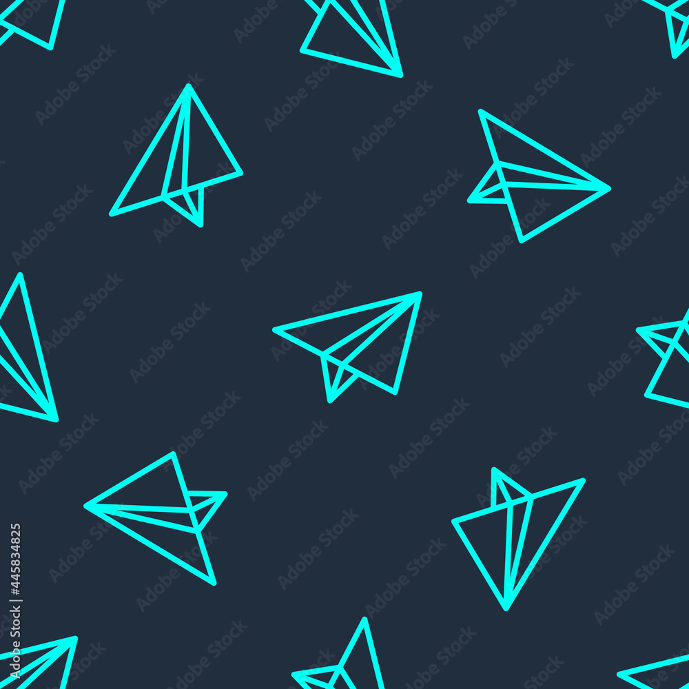 Poster Green line Paper airplane icon isolated seamless pattern on blue background. Vector