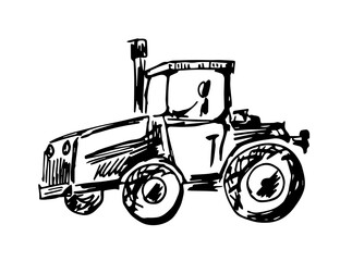 Simple hand-drawn vector ink sketch. Farm tractor isolated on white background. Sowing work, arable land. Agricultural machinery.