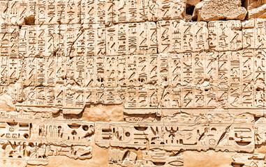 Hieroglyphic carvings in the Temple of Mut, Karnak Temple, Luxor, Egypt