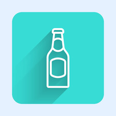 White line Beer bottle icon isolated with long shadow background. Green square button. Vector