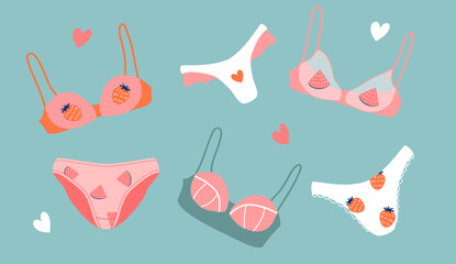vector hand drawn illustration - a set of cute items of lingerie, bras and panties. trend illustration in flat style