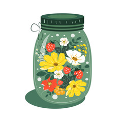 vector hand drawn illustration - flowers and strawberries in a cup for tea. a picture on the theme of summer, flowers, floristry. trend flat illustration for websites, applications, magazines