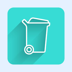 White line Trash can icon isolated with long shadow background. Garbage bin sign. Recycle basket icon. Office trash icon. Green square button. Vector