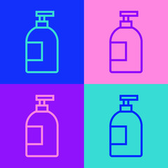 Pop art line Dishwashing liquid bottle icon isolated on color background. Liquid detergent for washing dishes. Vector