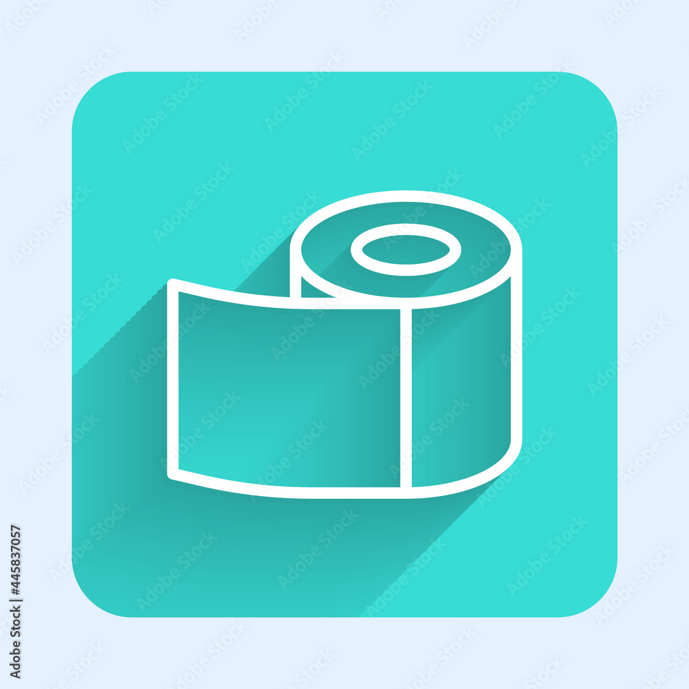 Poster white line toilet paper roll icon isolated with long shadow background. green square button. vector