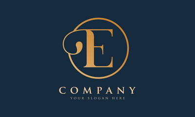 Initial E letter Gold Color With Black Background Logo Design vector Template. Calligraphy Letter E Logo Design