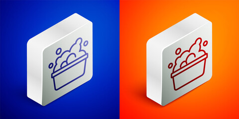 Isometric line Plastic basin with soap suds icon isolated on blue and orange background. Bowl with water. Washing clothes, cleaning equipment. Silver square button. Vector